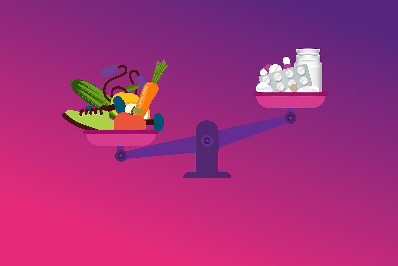 Abbildung einer Waage mit gesunder Ernährung und Sportutensilien und auf der anderen Seite Medikamenten