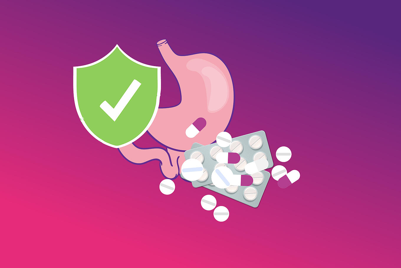 Abbildung eines Magens, mehreren Tabletten und eines grünen Schutzschilds
