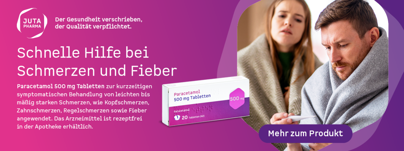 Banner mit Produktabbildung Paracetamol und einer Frau und einem erkälteten Mann, eingewickelt in eine Decke.