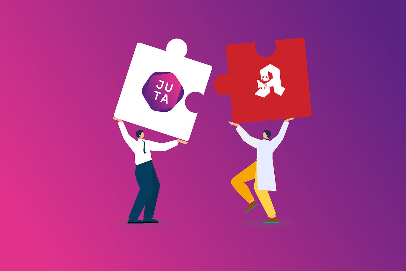 Grafik vom einem Juta-Pharma-Mitarbeitendem und eine*r Apotheker*in, die jeweils ein Puzzleteil mit dem Juta-Pharma-Logo und dem Apotheken-Logo in die Luft halten.