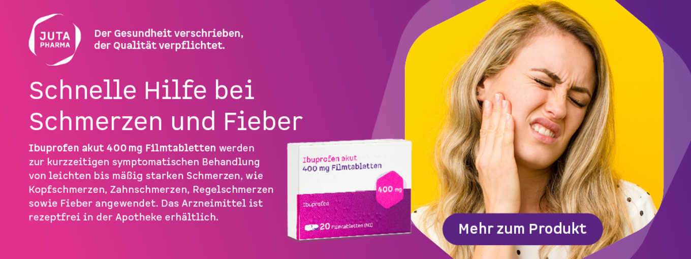 Banner mit Produktabbildung Ibuprofen und einer Frau mit Zahnschmerzen