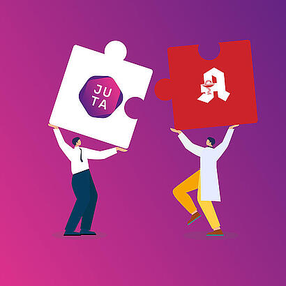 Zwei Comic-Figuren halten Puzzle-Teile in die Luft, die zueinander passen.