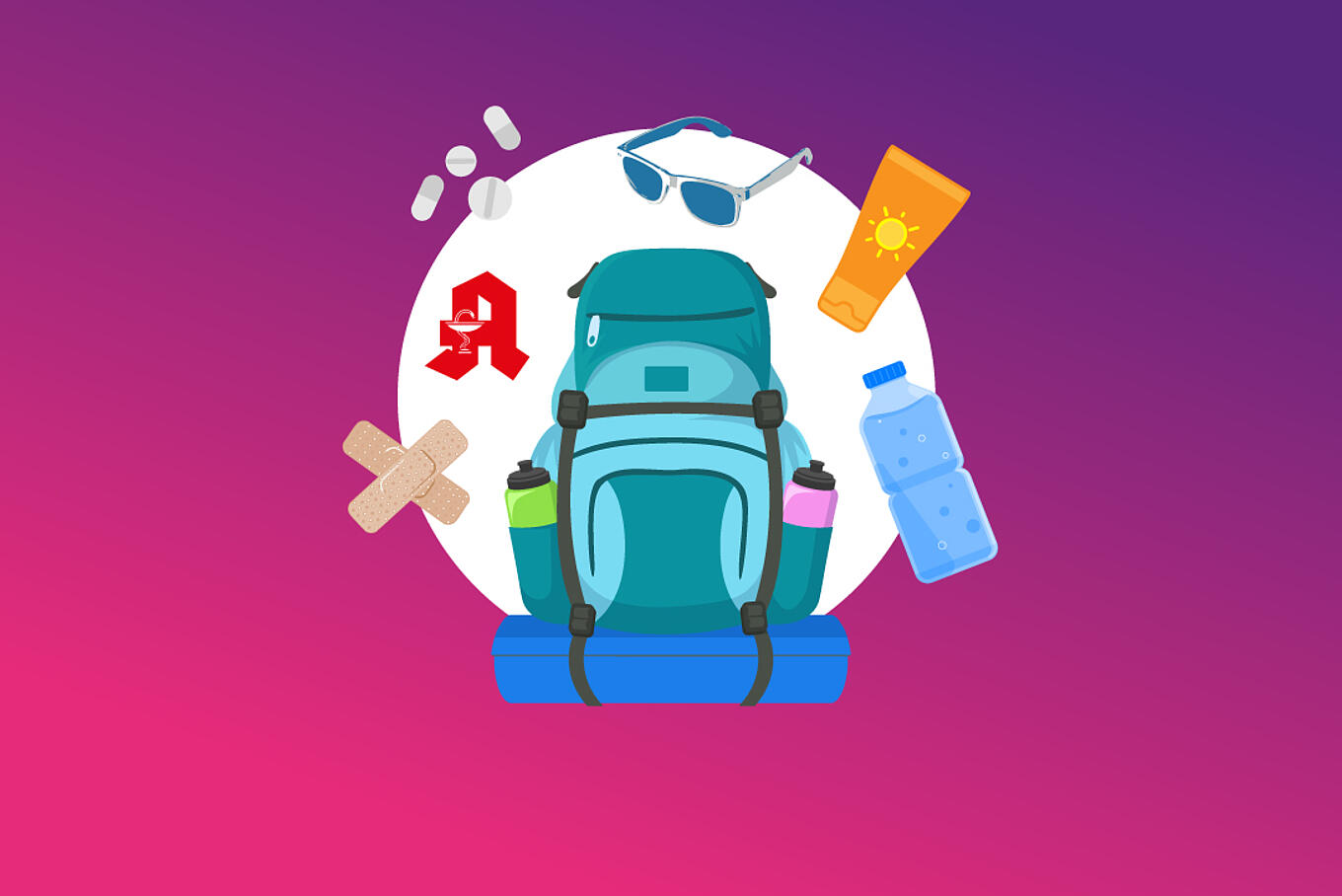 Abbildung eines Rucksacks mit Festival nützlichen Dinge für eine Reiseapotheke für unterwegs.