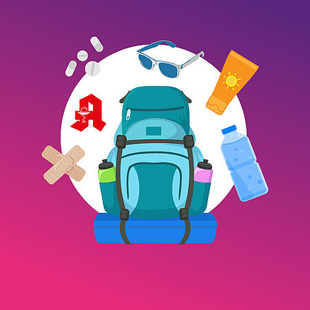 Abbildung eines Rucksacks mit Festival nützlichen Dinge für eine Reiseapotheke für unterwegs.