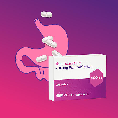 Abbildung eines Magens mit Tabletten und einer Packung Ibuprofen akut 400 mg Filmtabletten von Juta Pharma