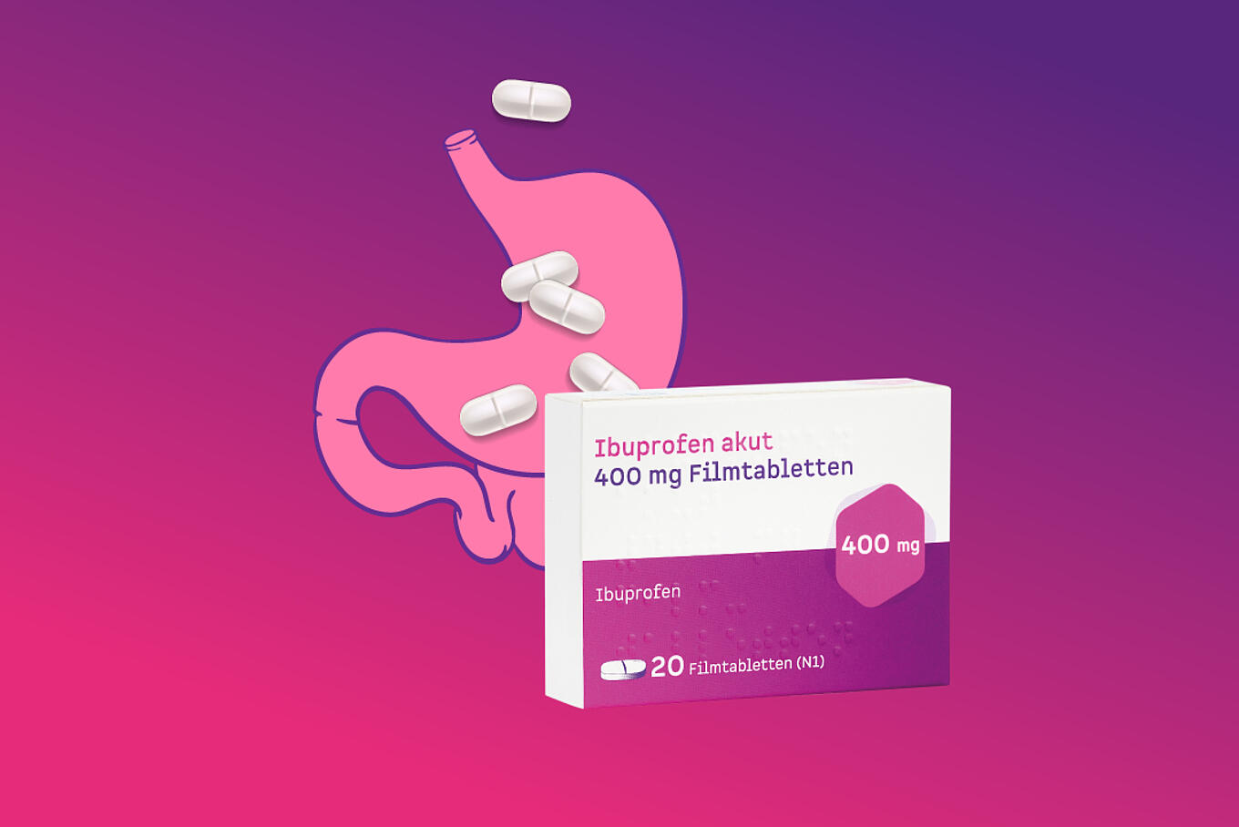 Abbildung eines Magens mit Tabletten und einer Packung Ibuprofen akut 400 mg Filmtabletten von Juta Pharma
