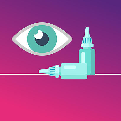 Abbildung eines Auges und zwei Packungen Augentropfen