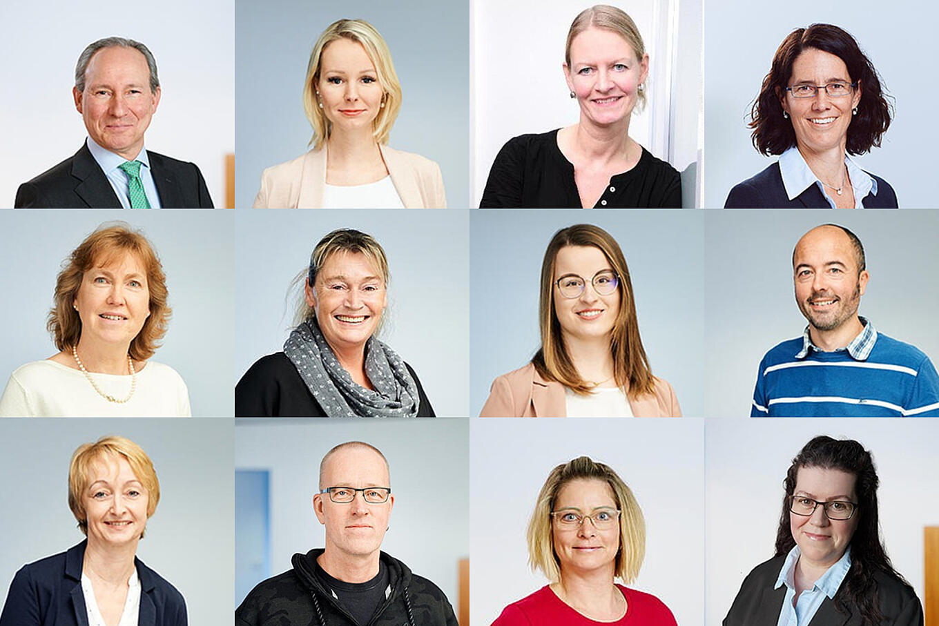 Collage aus 12 Portraitfotos von Mitarbeitenden bei Juta Pharma.