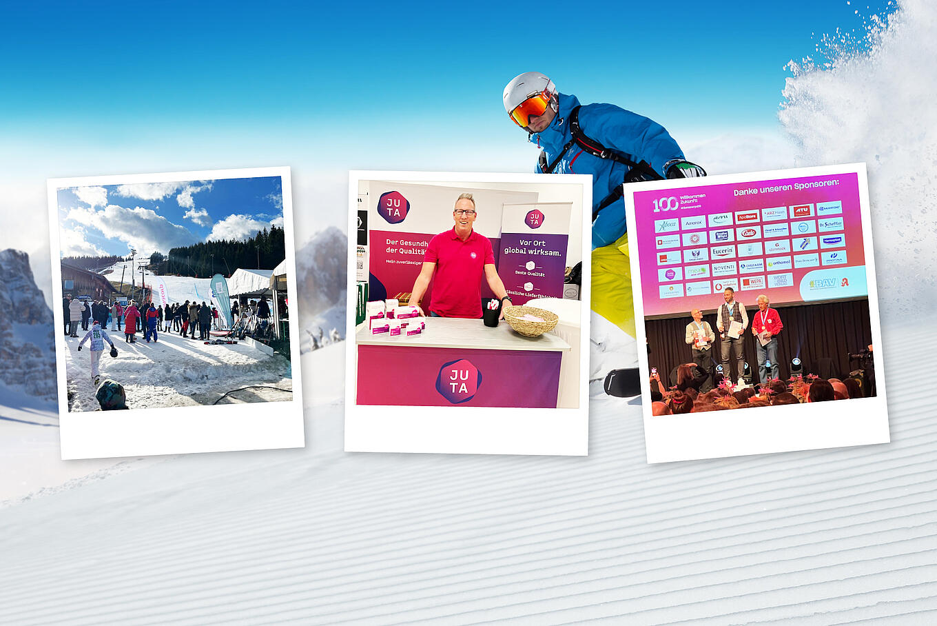 Collage mit drei Fotos: eine Schneelandschaft, ein Juta-Pharma-Mitarbeiter an einem Messestand und drei Männer auf einer Bühne.