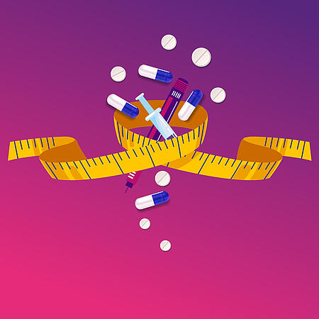 Abbildung eines Maßbands, das mehrere Tabletten und Spitzen umwickelt.