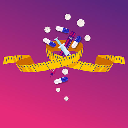 Abbildung eines Maßbands, das mehrere Tabletten und Spitzen umwickelt.