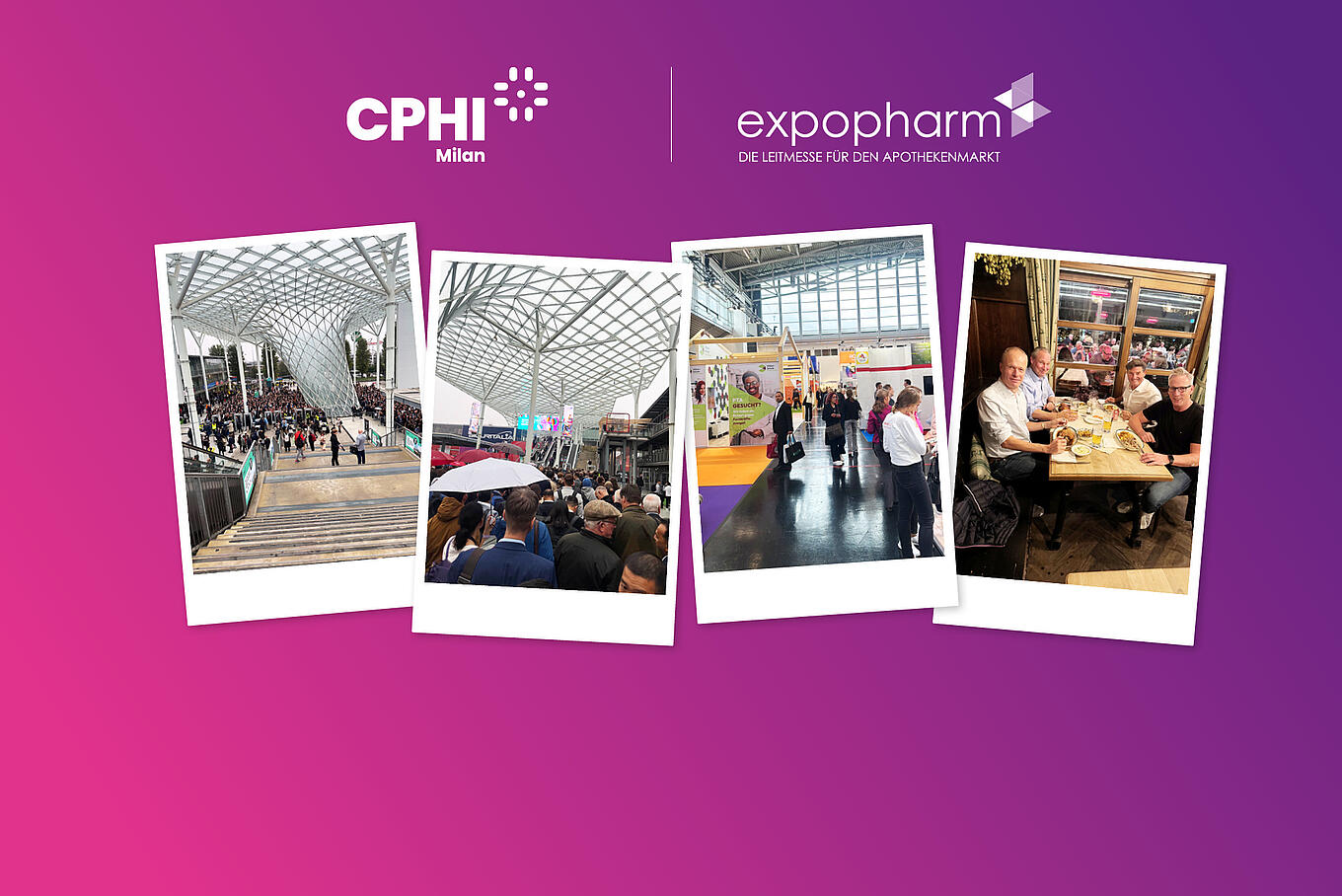 Collage mit Fotos eines Messegeländes und einem Foto von Juta-Pharma-Mitarbeitenden in einem Restaurant sowie den Logos der CPHI Mailand und der expopharm.