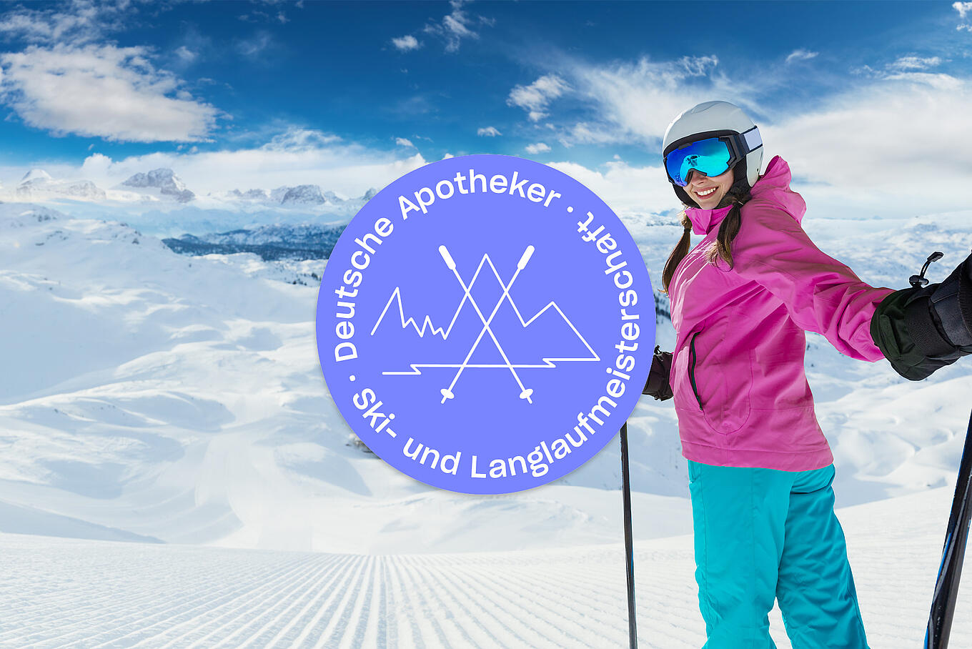 Eine Skifahrerin vor einer winterlichen Berglandschaft sowie das Logo der Deutschen Apotheker Ski- und Langlaufmeisterschaft. 