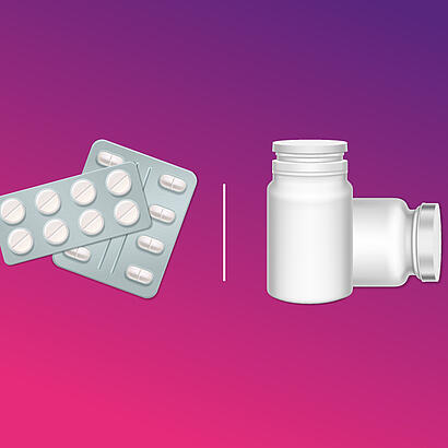 Abbildung zweier Tablettenblister und zweier Tablettenbehältnisse bzw. Flaschen.