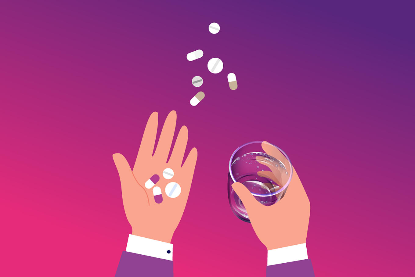 Abbildung zweier Hände. Eine Hand wirft verschiedene Tabletten, die andere Hand hält ein Wasserglas.