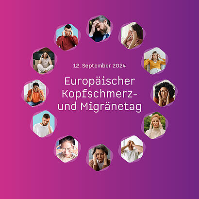 Zwölf Bilder von Menschen, die sich an ihr schmerzverzerrtes Gesicht fassen mitsamt der Aufschrift 12. September 2024 Europäischer Kopfschmerz- und Migränetag.