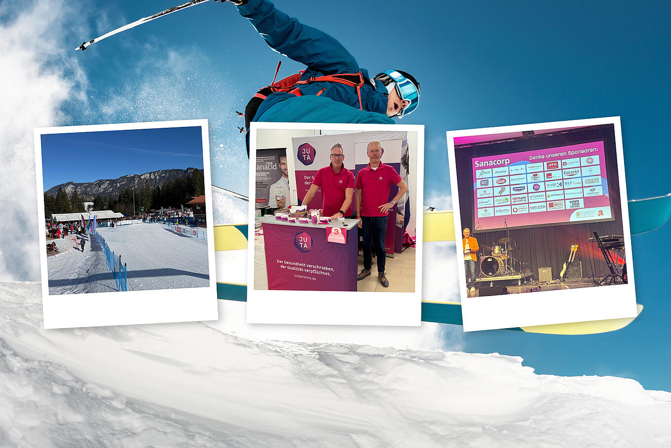 Collage aus Bildern von SKipiste, Messestand und Sponsorenwand auf einer Musikbühne. Im Hintergrund eine Person auf Skiern.