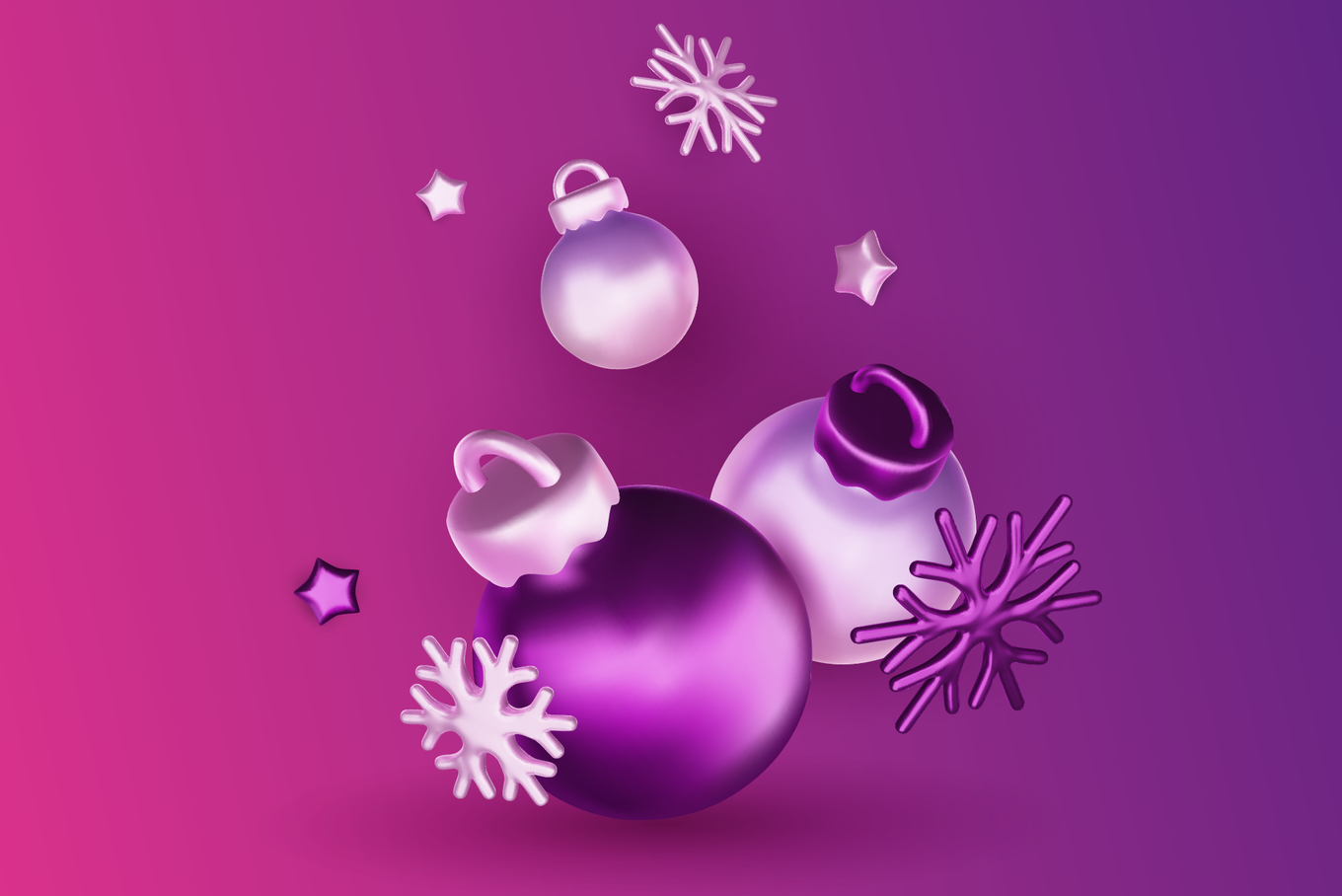 Illustration von Weihnachtskugeln und Schneeflocken in Lila-Tönen.