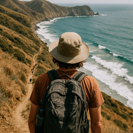 Ein Wanderer an einer Küste.
