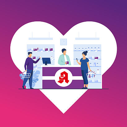 Abbildung eines Apotheken-Tresens in einem Herz.