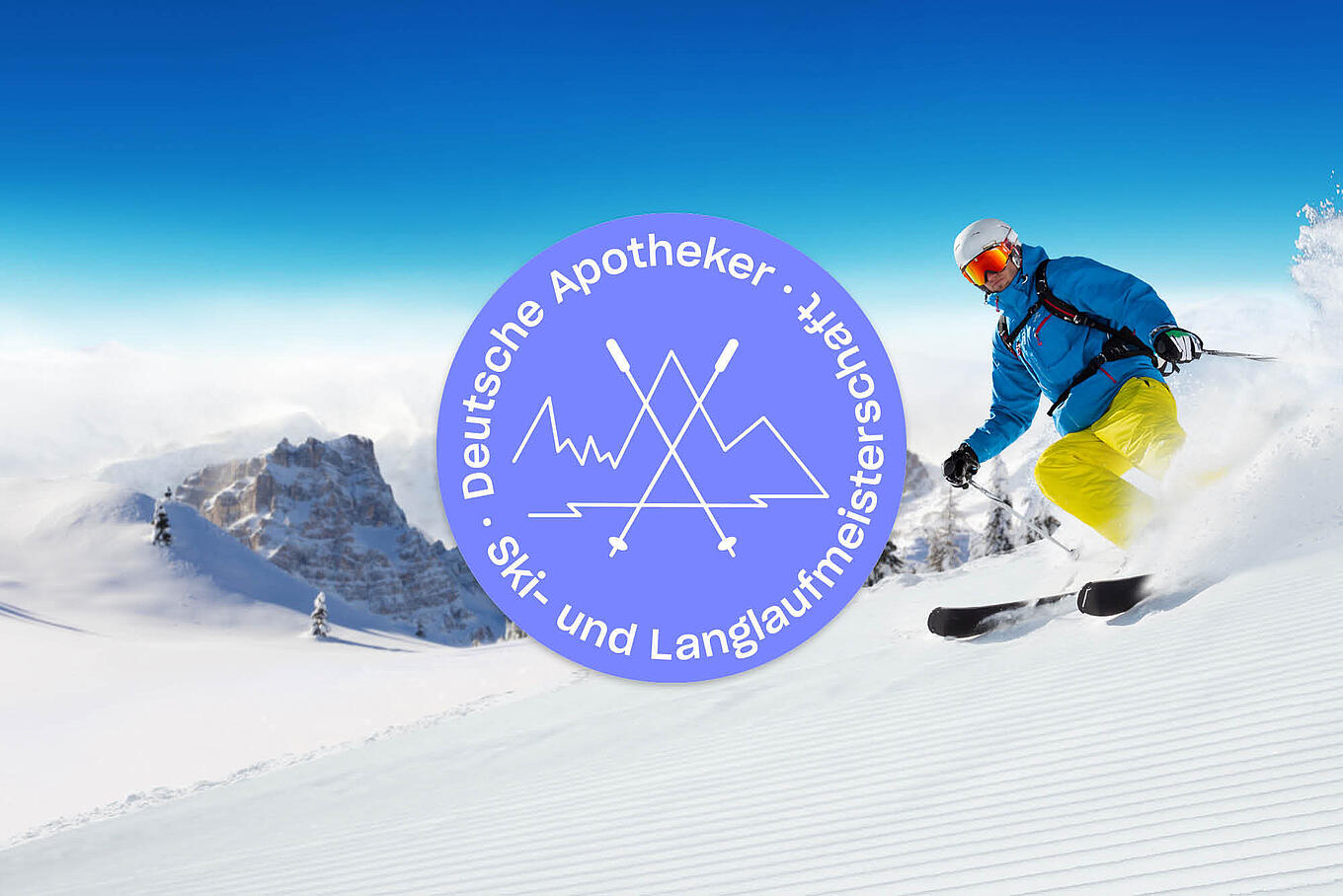 Logo der Deutschen Apotheker Ski- und Langlaufmeisterschaft vor einer winterlichen Landschaft und einem skifahrenden Mann.