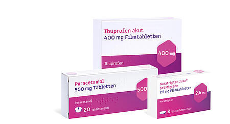 Abbildung der Produkte Naratriptan, Ibuprofen und Paracetamol