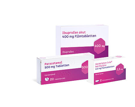 Abbildung der Produkte Naratriptan, Ibuprofen und Paracetamol