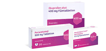 Abbildung der Produkte Naratriptan, Ibuprofen und Paracetamol