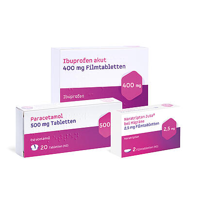 Abbildung der Produkte Naratriptan, Ibuprofen und Paracetamol
