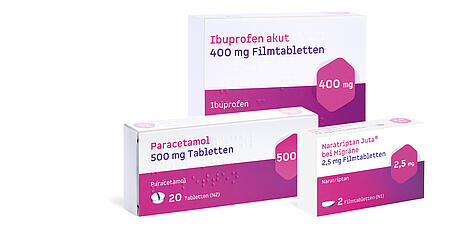 Abbildung der Produkte Naratriptan, Ibuprofen und Paracetamol