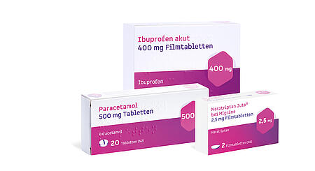 Abbildung der Produkte Naratriptan, Ibuprofen und Paracetamol