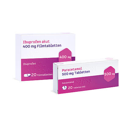 Abbildung der Produkte Ibuprofen und Paracetamol.