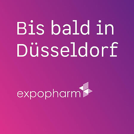 Text "Bis bald in Düsseldorf" mit dem Hinweis auf die Expopharm.