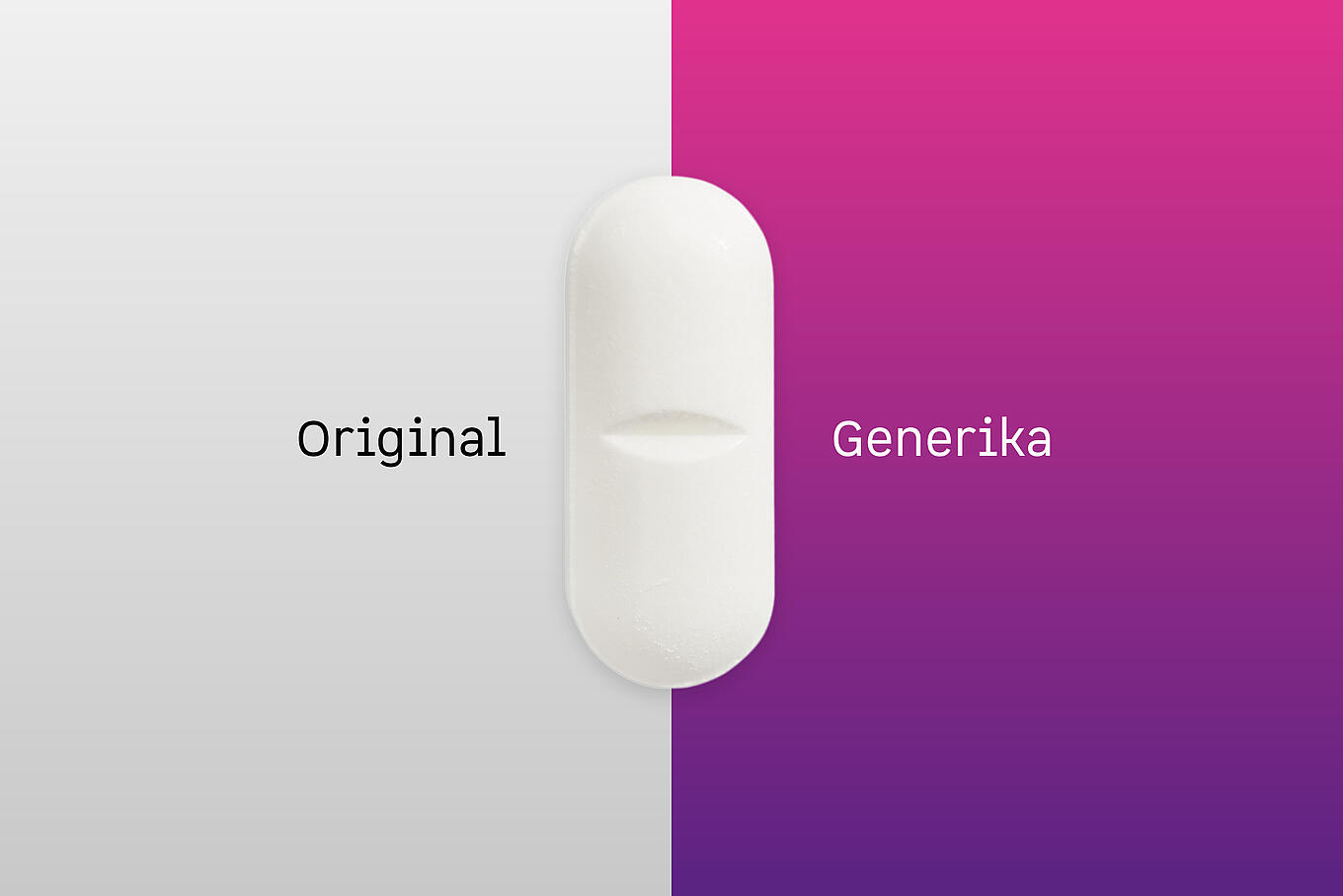 Illustration einer Tablette, links ein grauer Hintergrund mit der Aufschrift Original, recht ein Hintergrund in den Juta-Pharma-Farben mit der Aufschrift Generika.