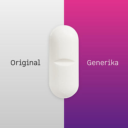 Illustration einer Tablette, links ein grauer Hintergrund mit der Aufschrift Original, recht ein Hintergrund in den Juta-Pharma-Farben mit der Aufschrift Generika.