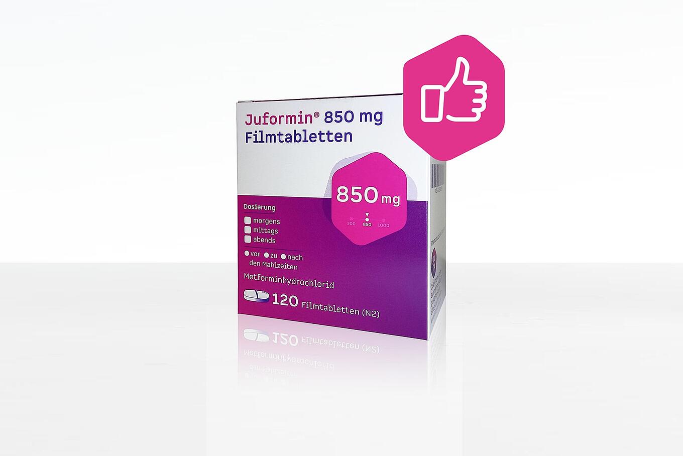 Faltschachtel des Arzneimittels Juformin 850mg mit einem Symbol (Daumen nach oben)