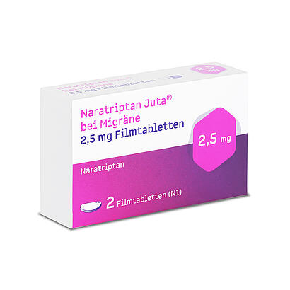 Eine Schachtel Naratriptan Juta® bei Migräne 2,5 mg Filmtabletten, 2 Filmtabletten.