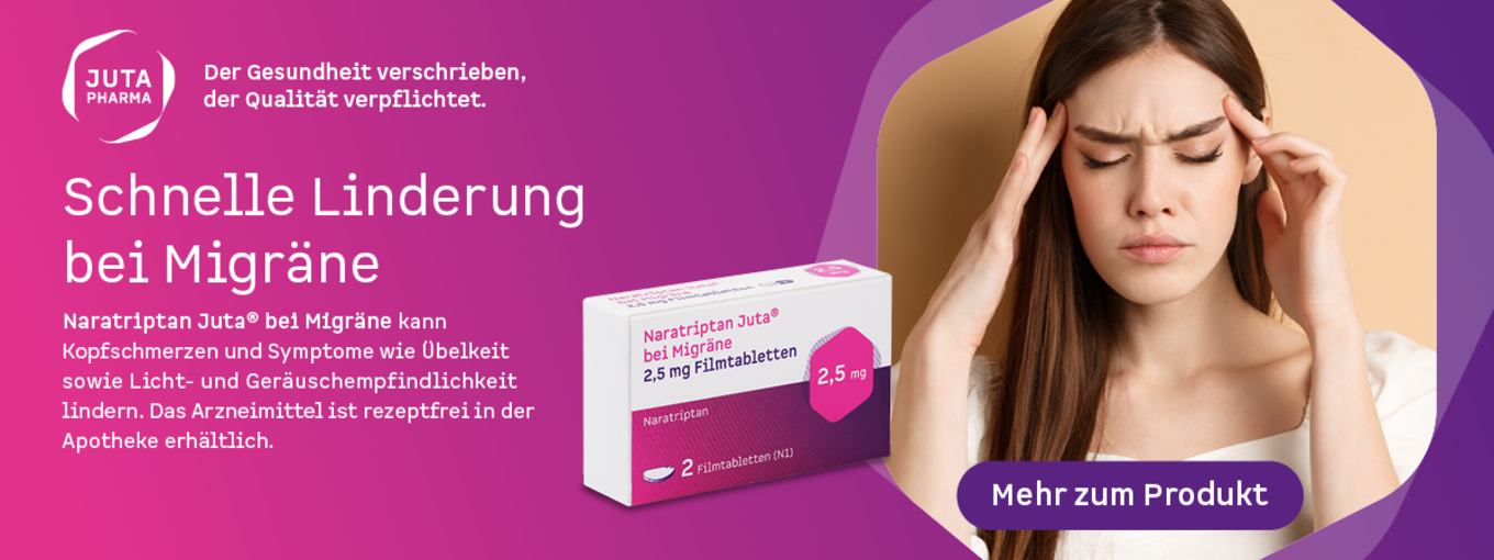 Banner mit Produktabbildung Naratriptan und einer Frau mit Migräne