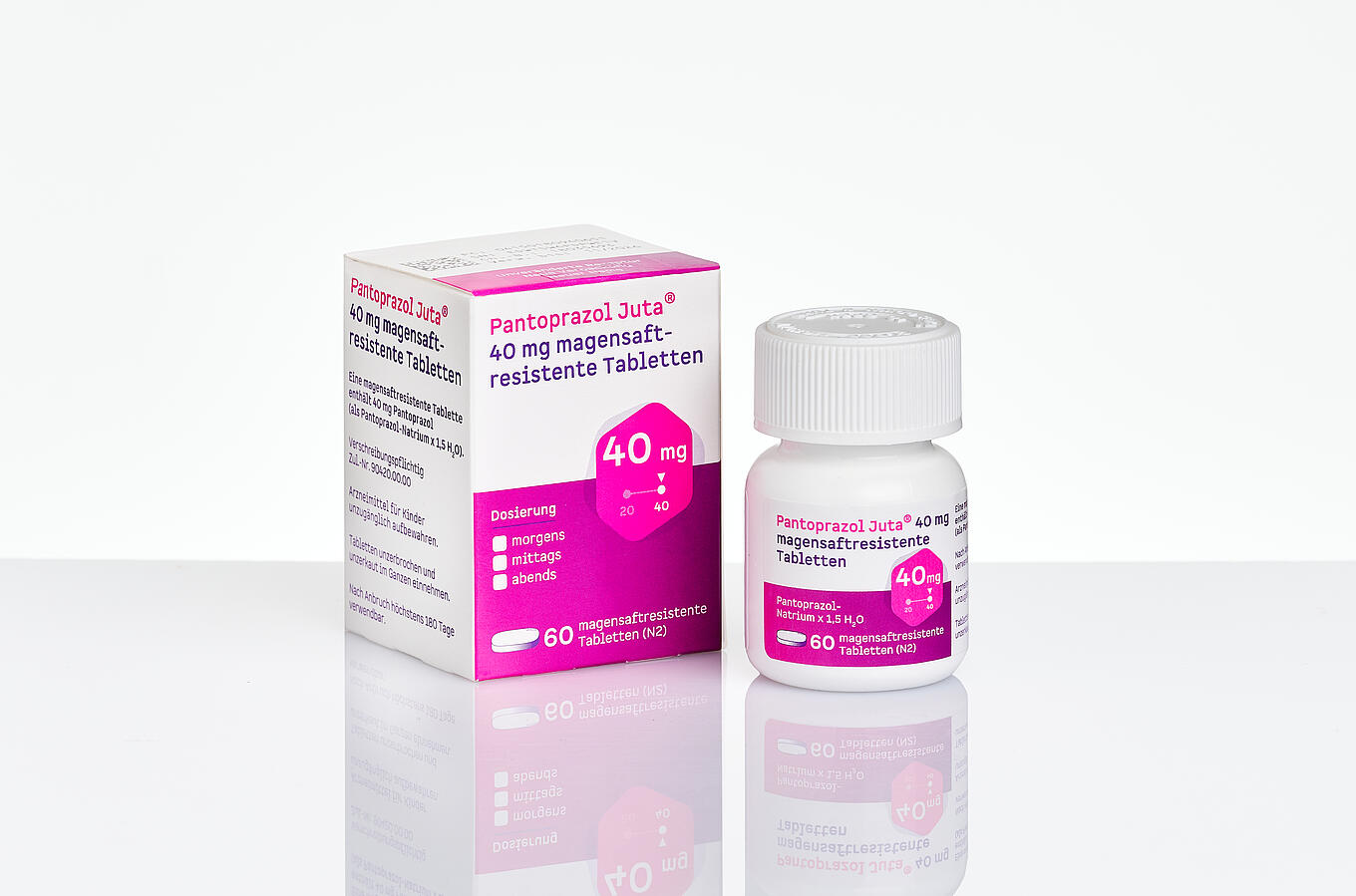 Eine Schachtel und eine Schraubdose Pantoprazol Juta® 40 mg magensaftresistente Tabletten, 60 magensaftresistente Tabletten.